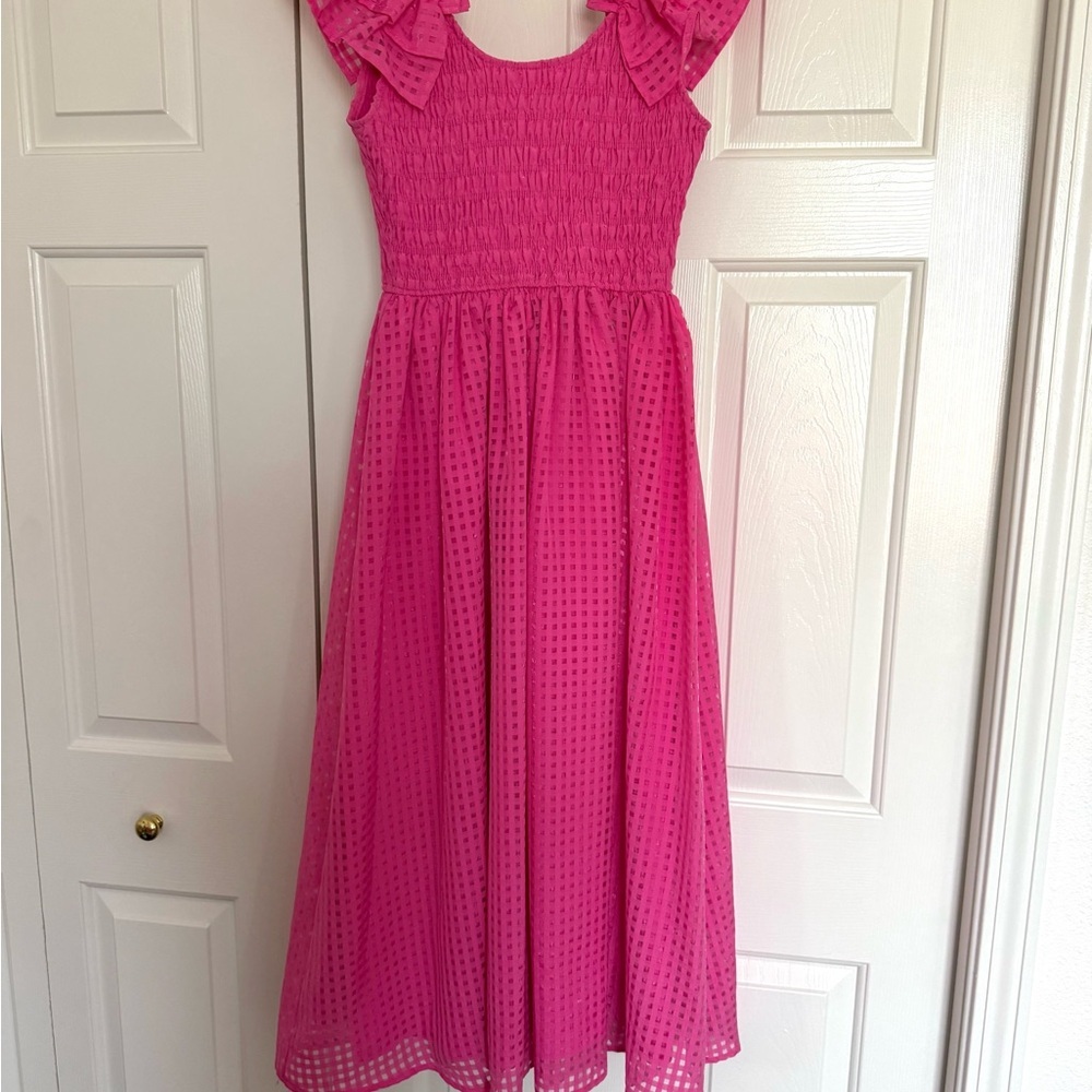Hot Pink Smocked Midi Dress Ruffle Strap Barbiecore Summer - Picture 4 of 4